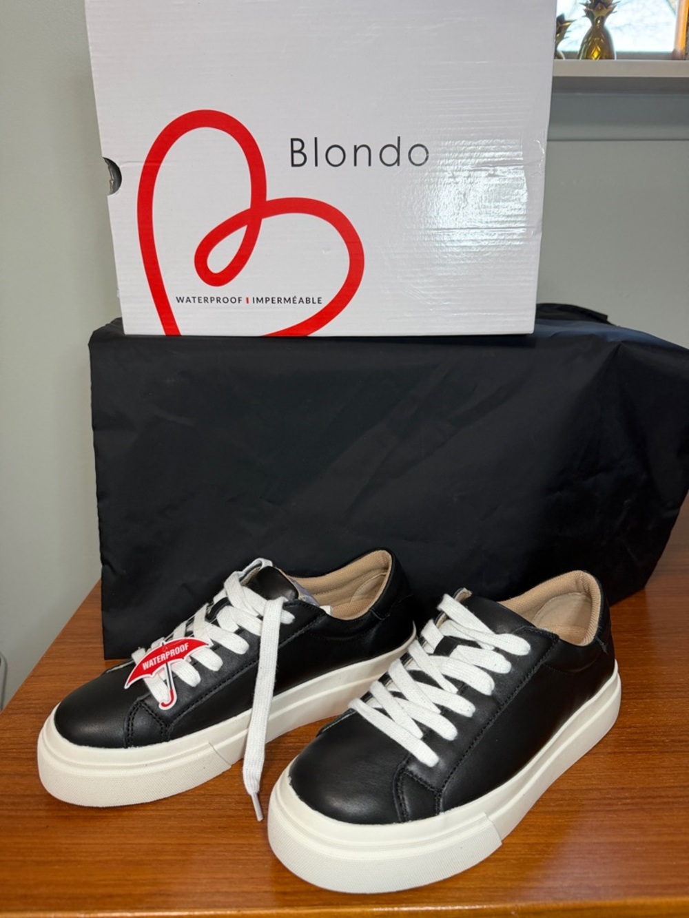 Blondo Black Leather Waterproof Platform Sneakers with White Soles